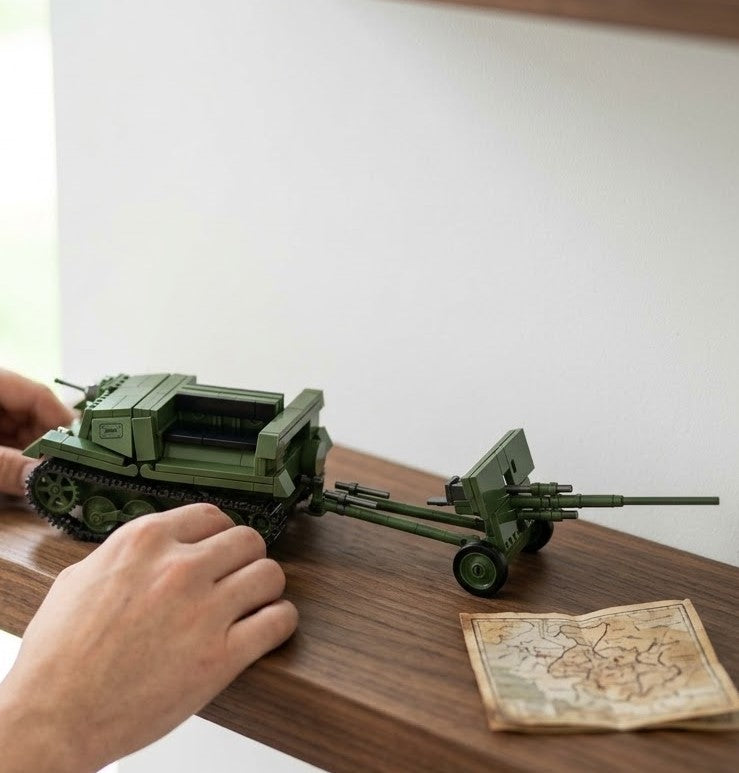 Green Armored Tractor with Field Cannon Building Brick Set