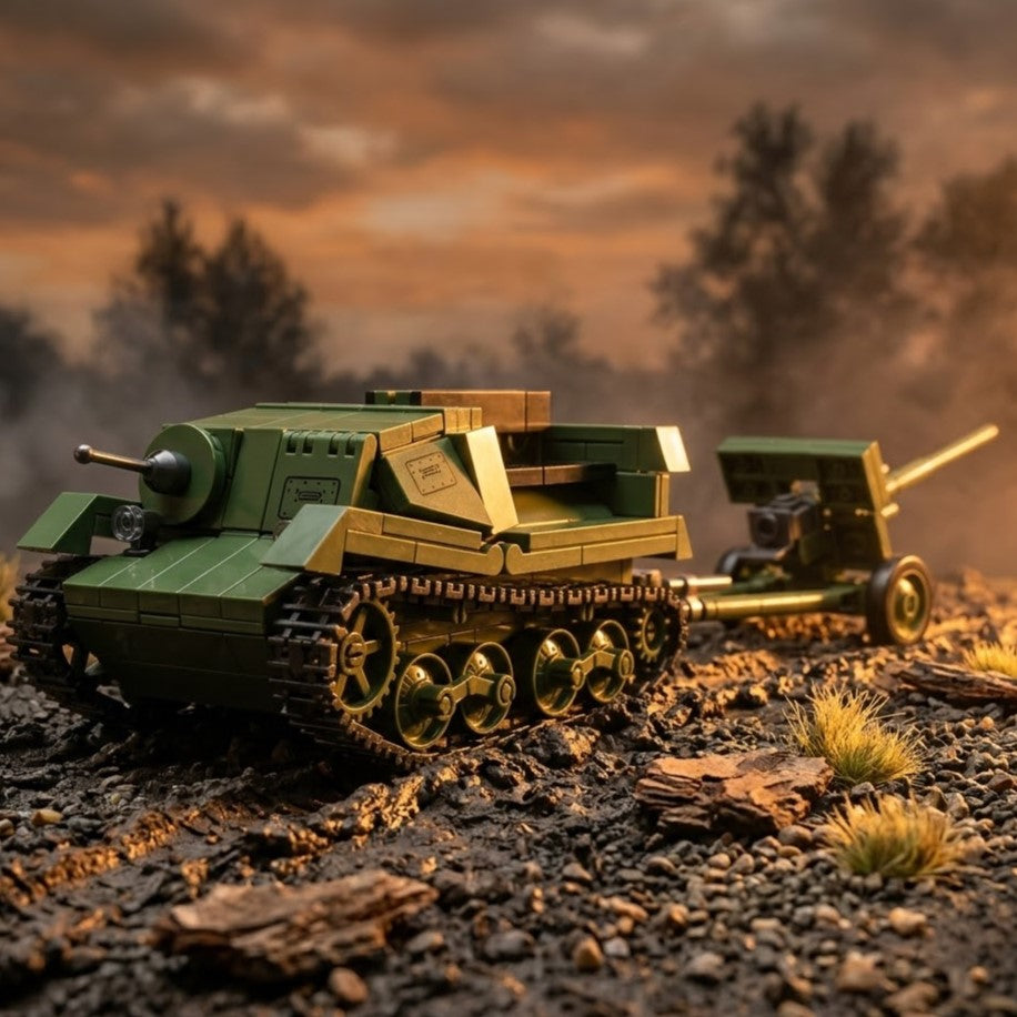 Green Armored Tractor with Field Cannon Building Brick Set