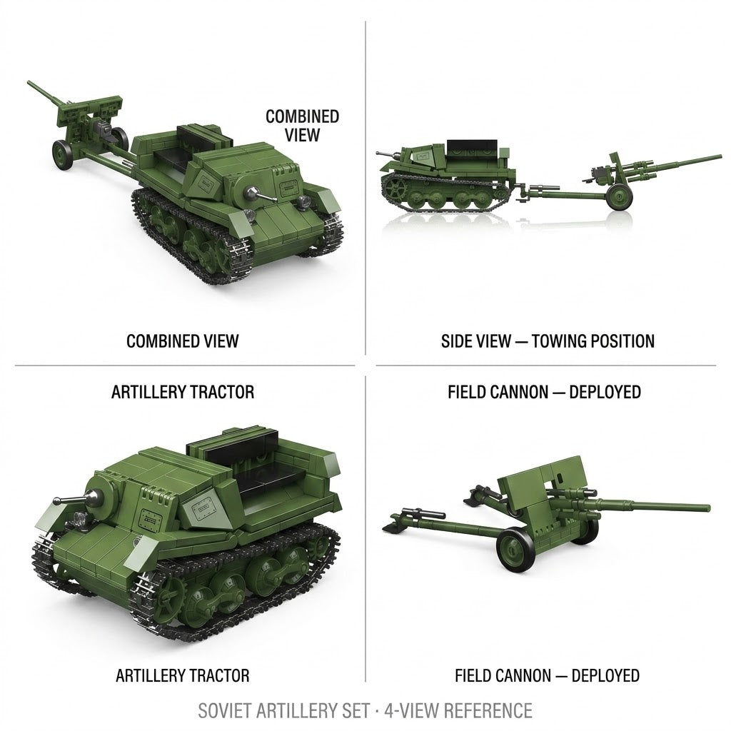 Green Armored Tractor with Field Cannon Building Brick Set