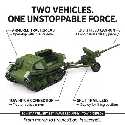 Green Armored Tractor with Field Cannon Building Brick Set