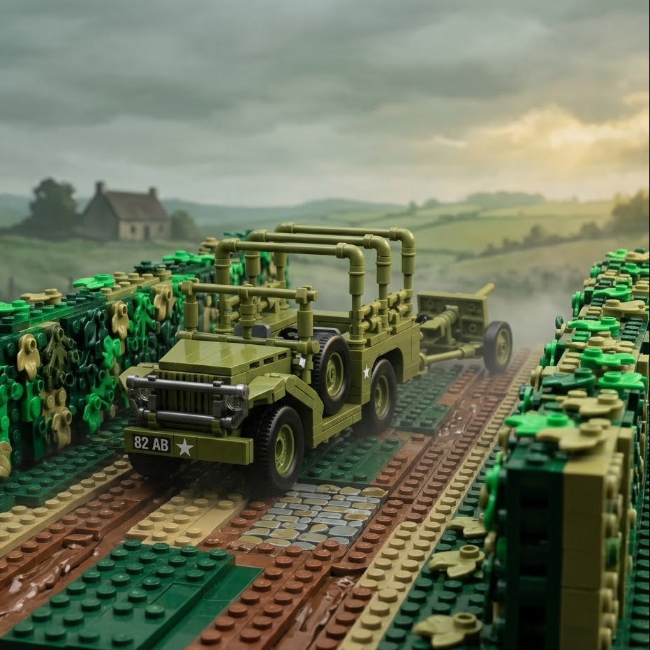 WWII American Artillery Jeep with Tow Cannon Building Brick Set