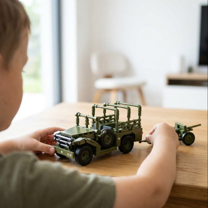 WWII American Artillery Jeep with Tow Cannon Building Brick Set
