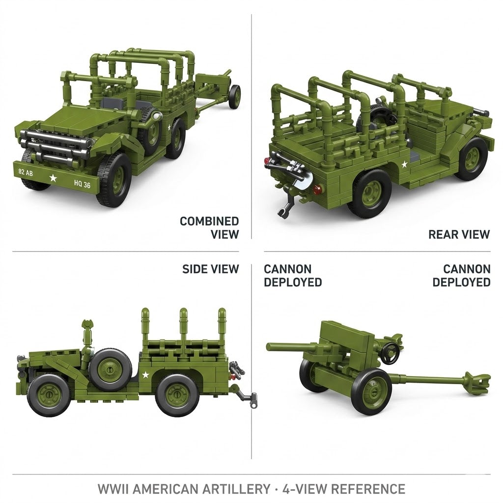 WWII American Artillery Jeep with Tow Cannon Building Brick Set