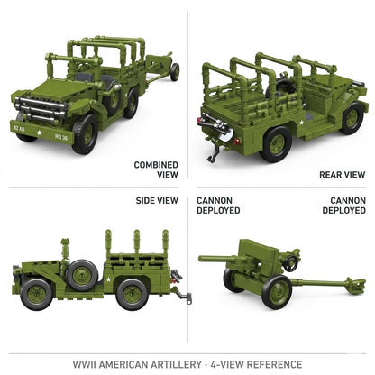 WWII American Artillery Jeep with Tow Cannon Building Brick Set