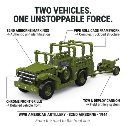 WWII American Artillery Jeep with Tow Cannon Building Brick Set
