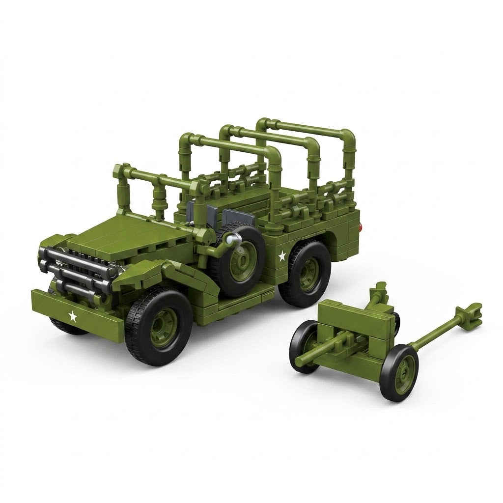 WWII American Artillery Jeep with Tow Cannon Building Brick Set