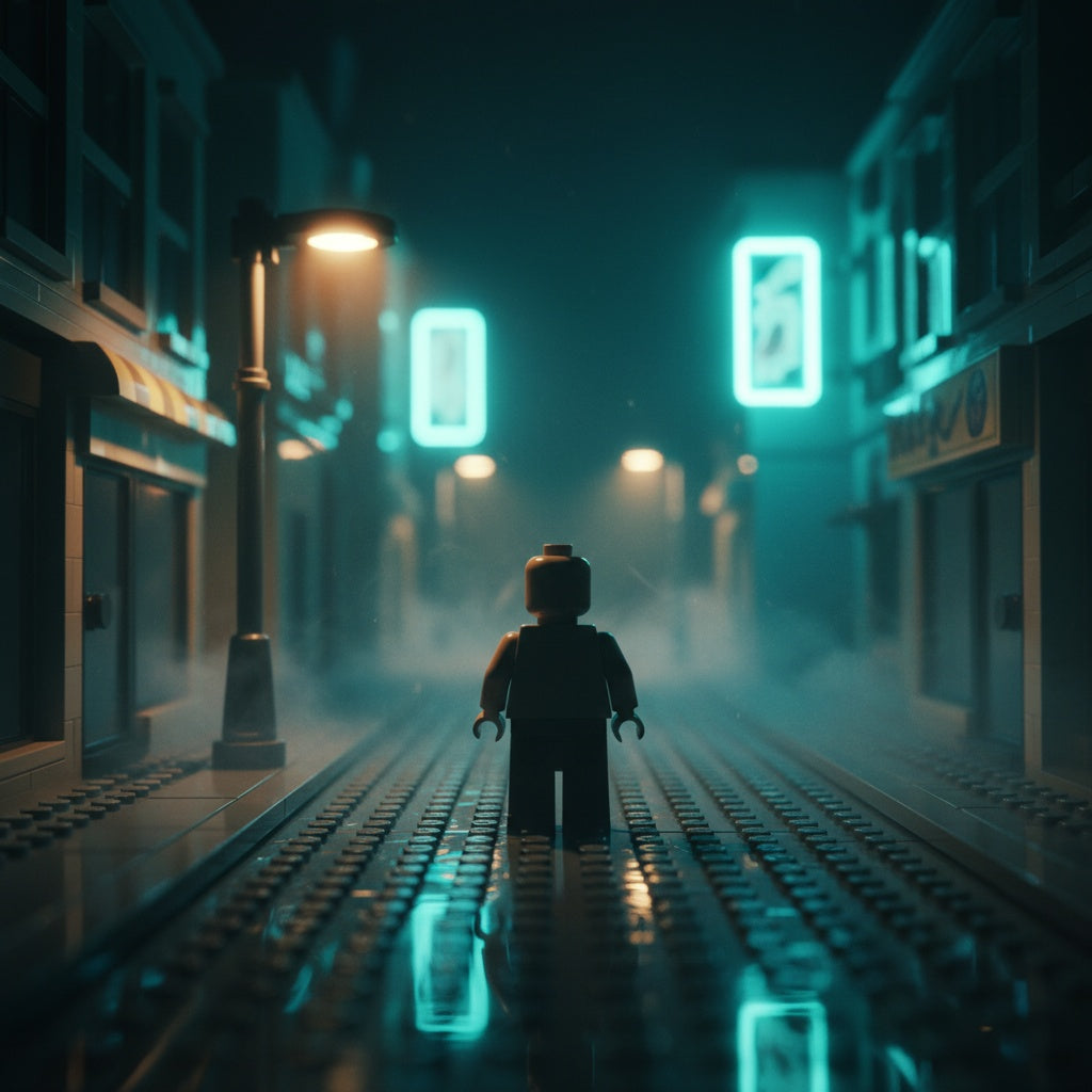 Mystery minifigure silhouette on a rain slicked neon lit brick built street at night