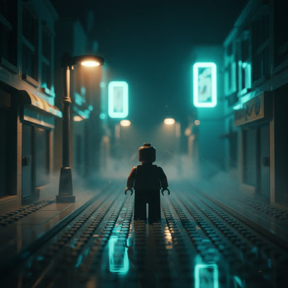 Mystery minifigure silhouette on a rain slicked neon lit brick built street at night