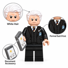 Executive minifigure feature callout showing white hair, formal suit print, and document accessory
