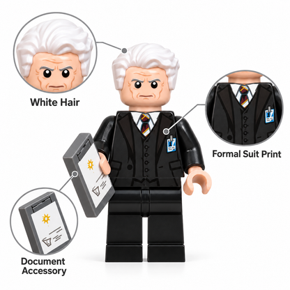 Executive minifigure feature callout showing white hair, formal suit print, and document accessory