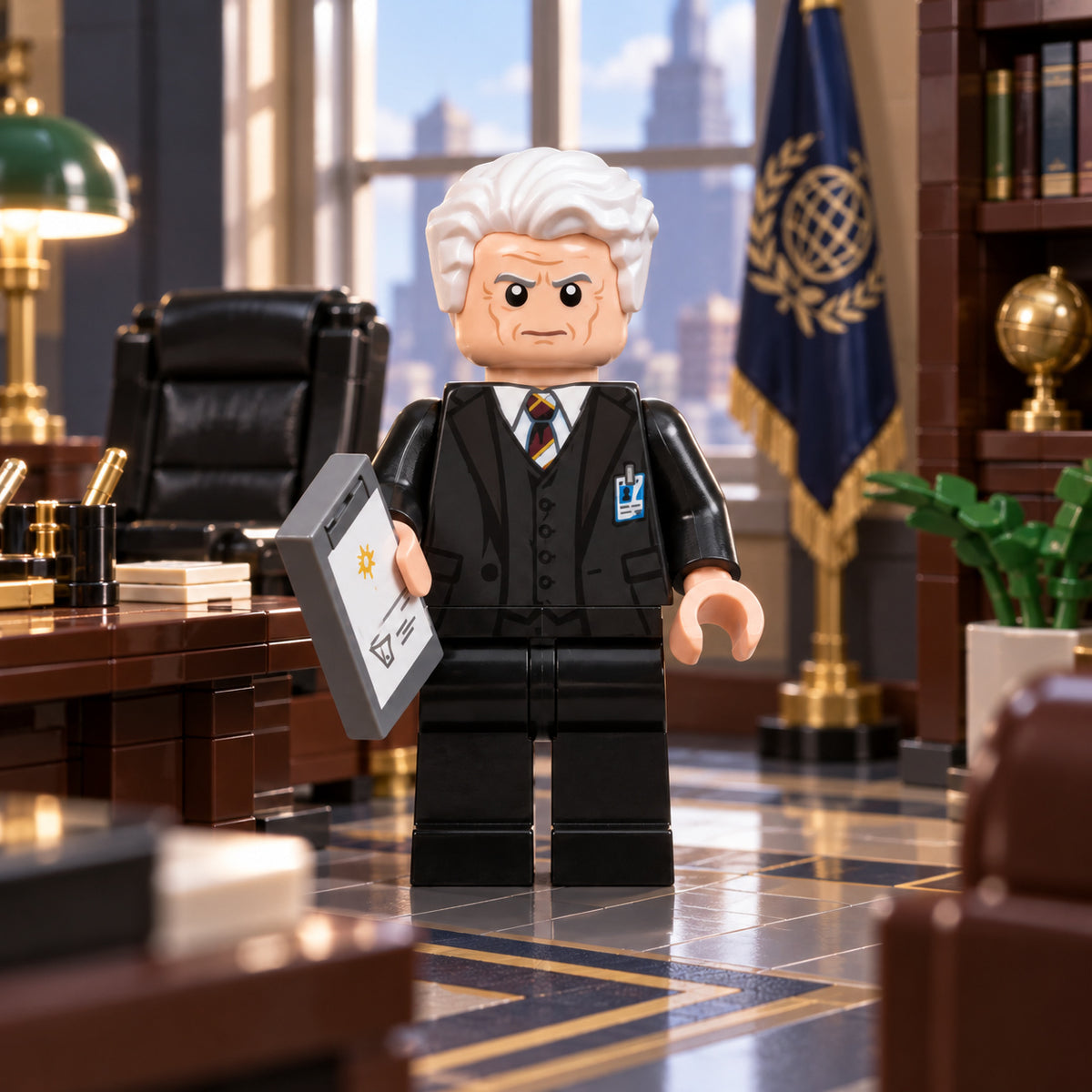 White-haired executive minifigure in a detailed brick-built office diorama