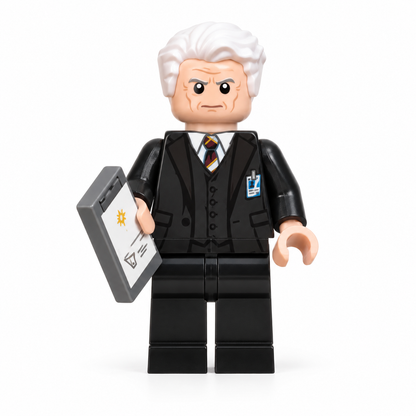 White-haired executive minifigure in black suit with document accessory