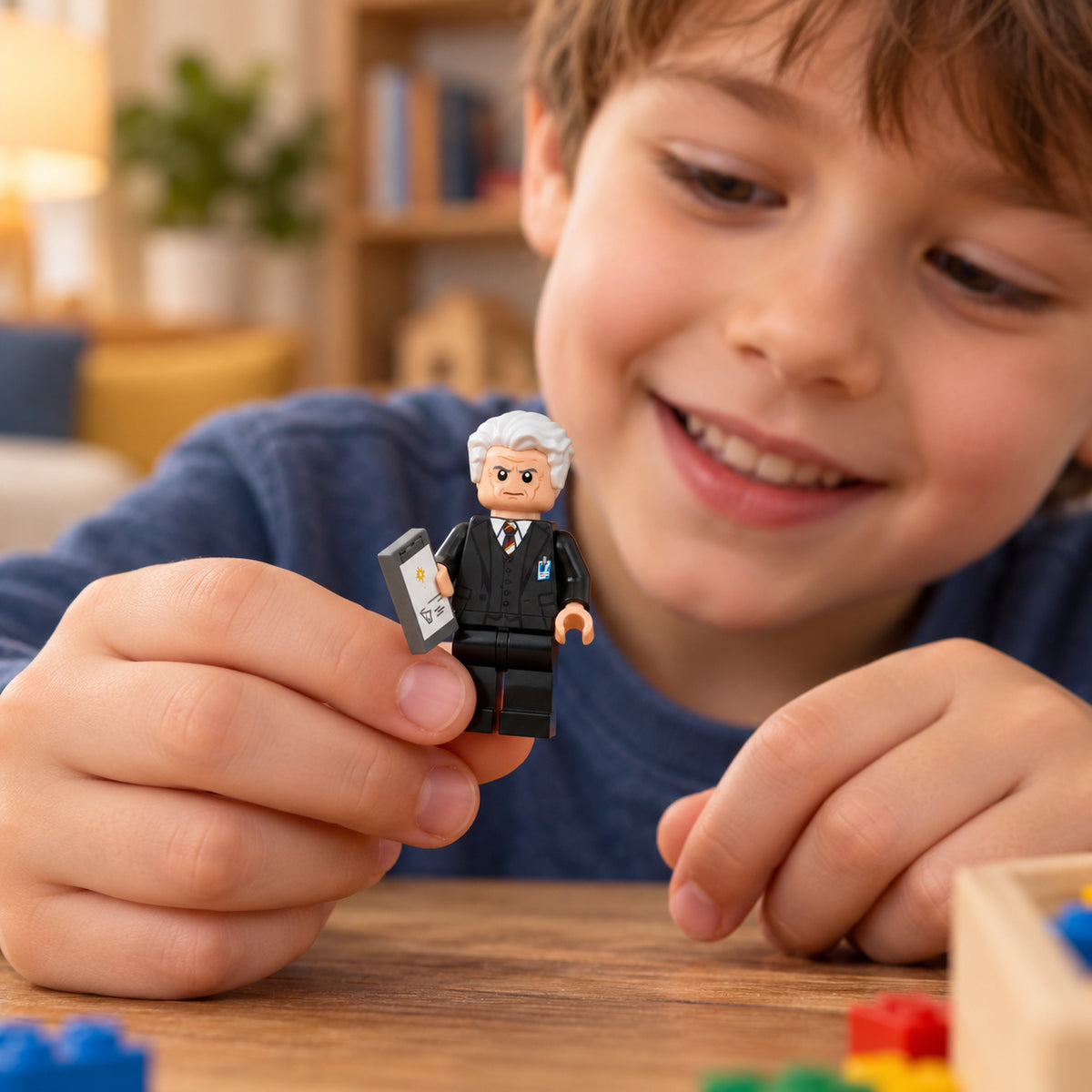 Child holding a small white-haired executive brick-compatible minifigure