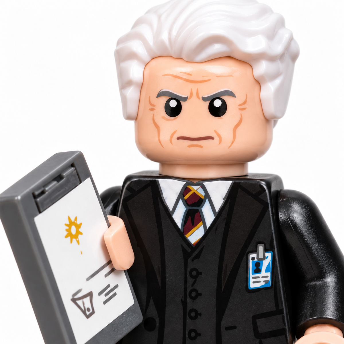 Macro close-up of white-haired executive minifigure suit printing and document accessory