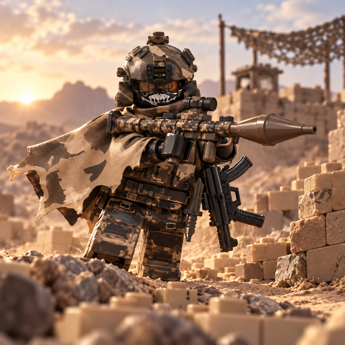 Masked Desert Tactical Operator Minifigure battle scene