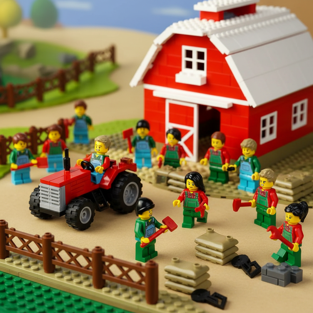 Farmer minifigures in a brick-built farmyard with a red barn and tractor