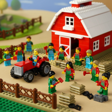 Farmer minifigures in a brick-built farmyard with a red barn and tractor