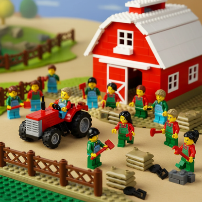 Farmer minifigures in a brick-built farmyard with a red barn and tractor