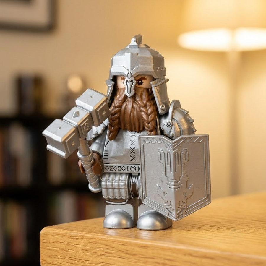 Close view of the dwarven champion minifigure showing the omega crest helm and braided beard