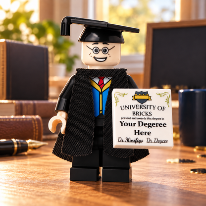 Graduate figure in cap and gown holding a diploma on a study desk. Scenery not included.