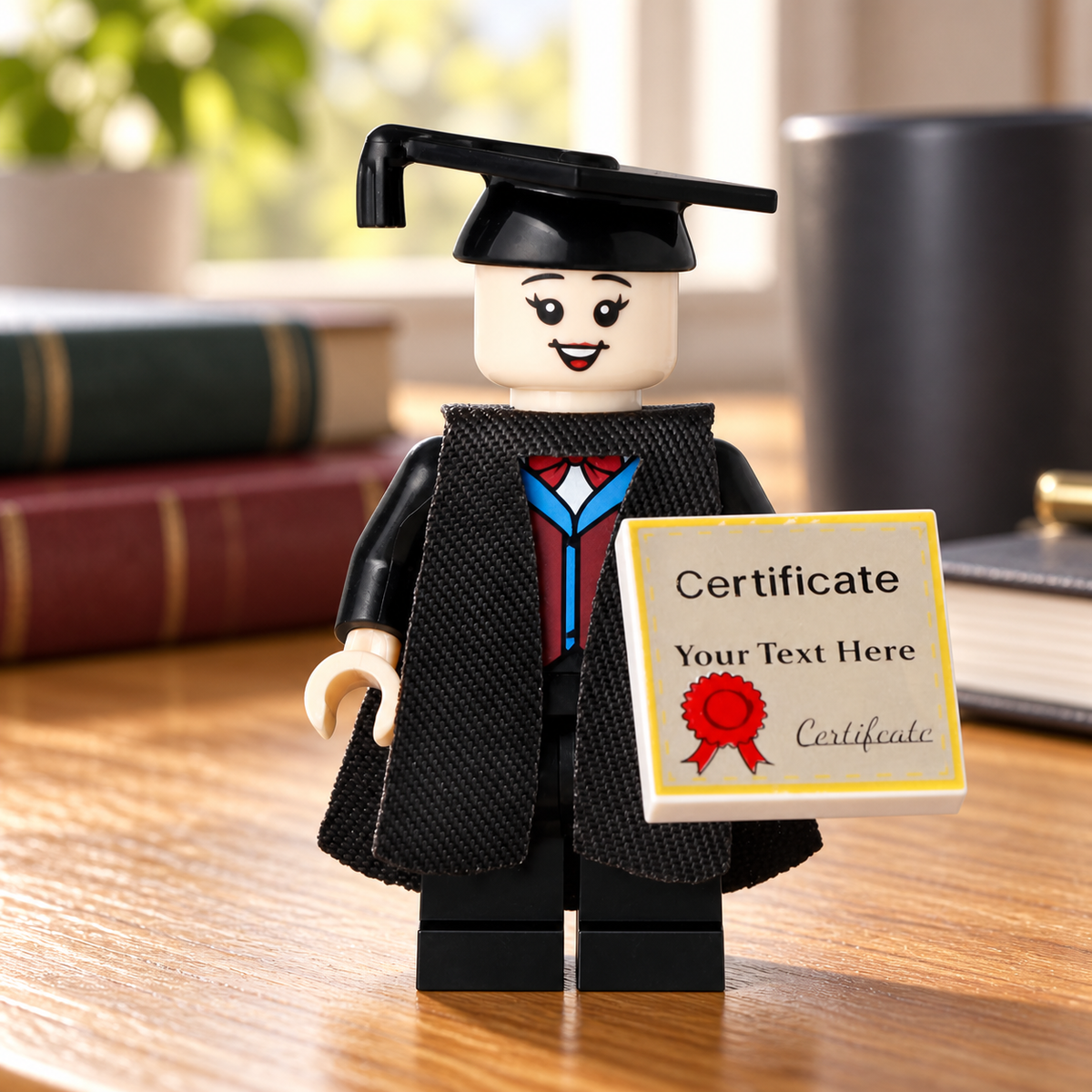 Female graduate figure in cap and gown holding a certificate on a study desk. Scenery not included.
