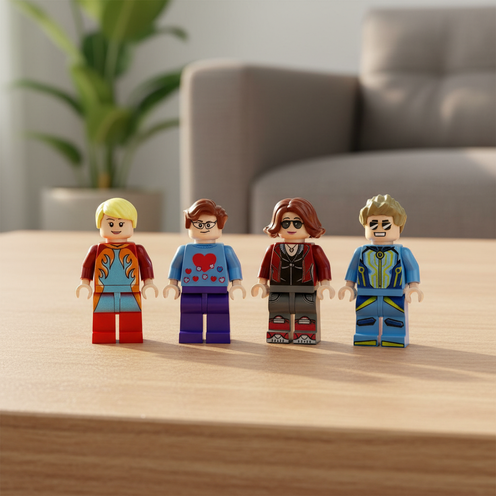Modern People minifigures on a table in a living room