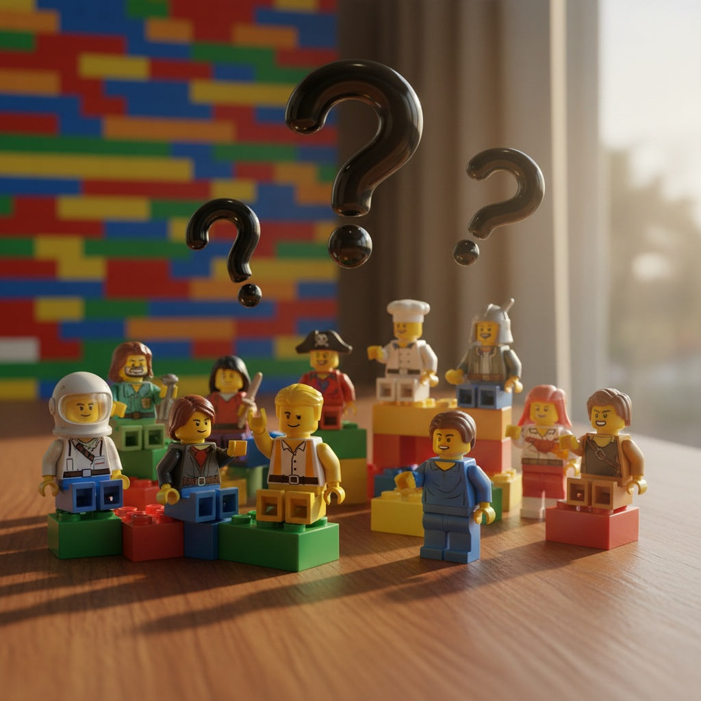 Crowd of mixed theme minifigures hanging out on a table with question marks floating above