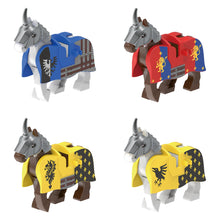 Armored Warhorses, four medieval knight horse minifigures on white background