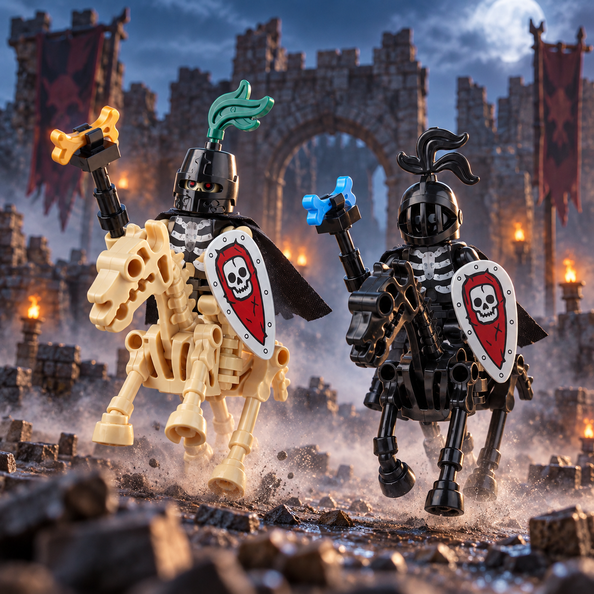 Bone and black mounted skeleton knights charging through a ruined castle