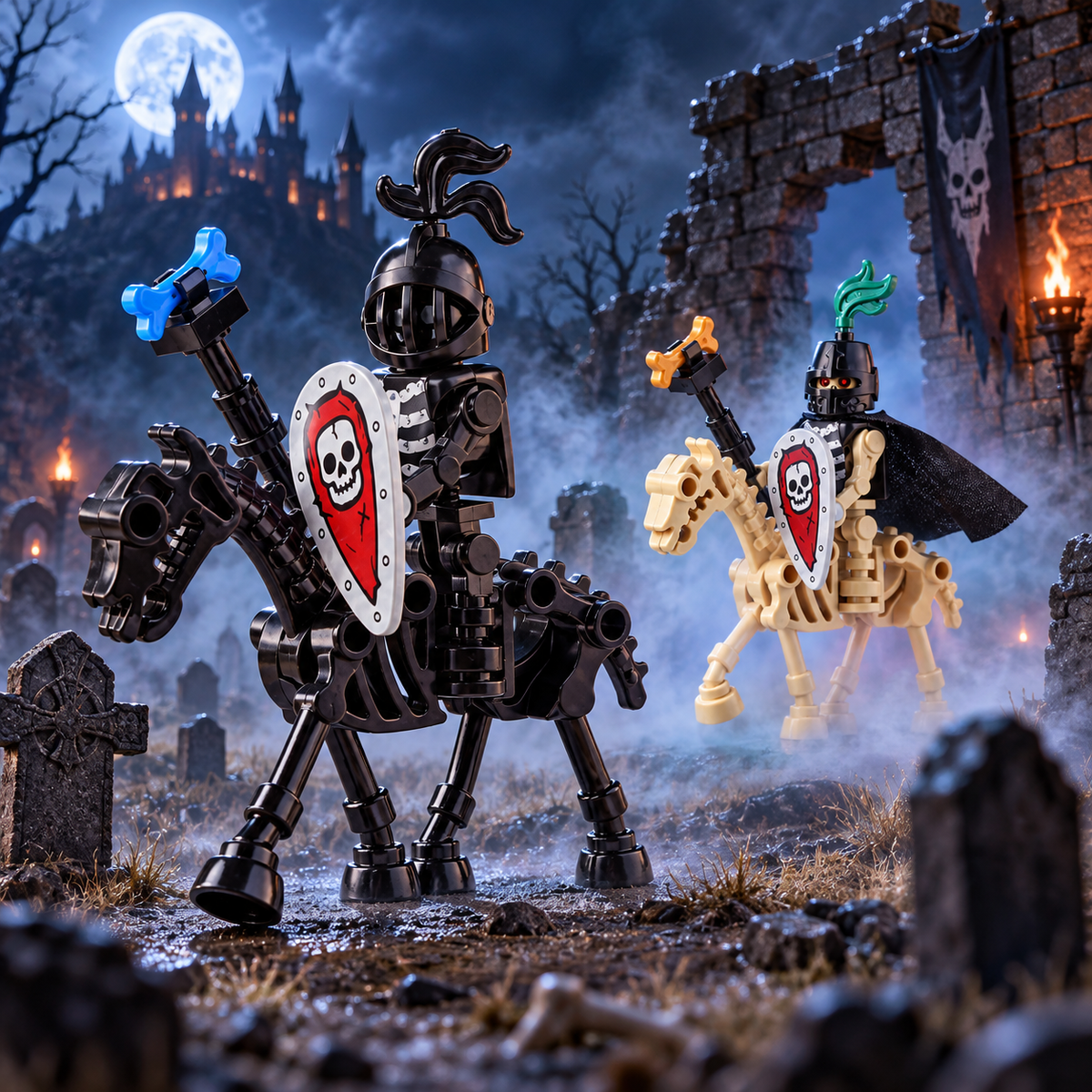 Black and bone mounted skeleton knights in a moonlit graveyard