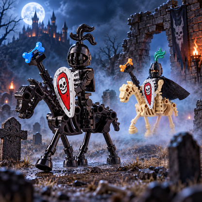 Black and bone mounted skeleton knights in a moonlit graveyard