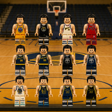 Twelve basketball minifigures in an illustrative court scene; scenery not included