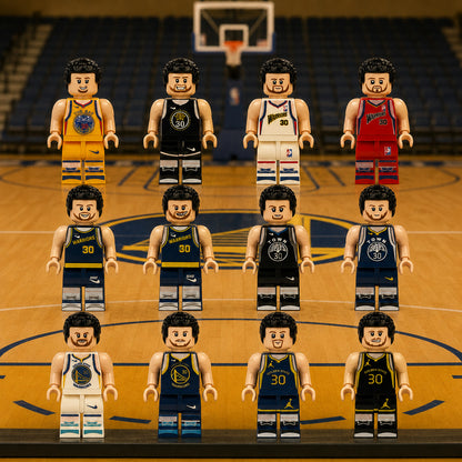 Twelve basketball minifigures in an illustrative court scene; scenery not included