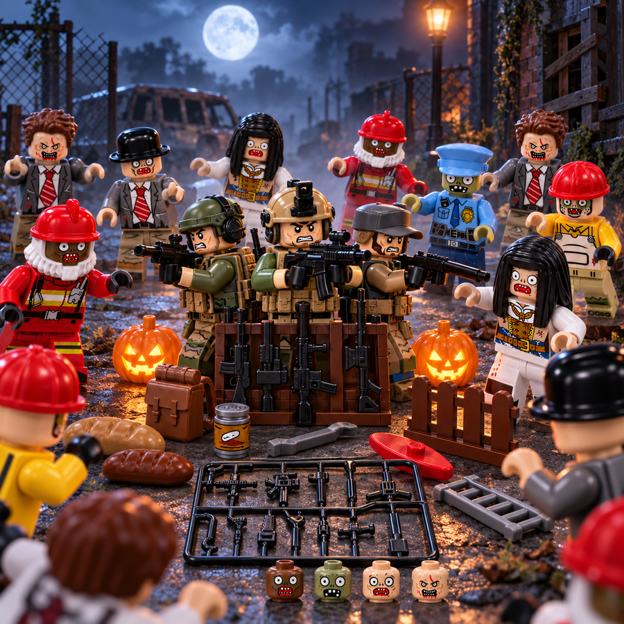 Zombie Outbreak Pack battle scene with survivor squad, weapon rack, zombie heads, pumpkins and zombie horde
