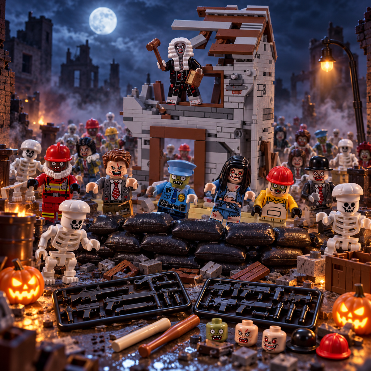 Zombie Town Siege battle scene with Zombie Judge, ruined building, sandbags, weapons and zombie horde