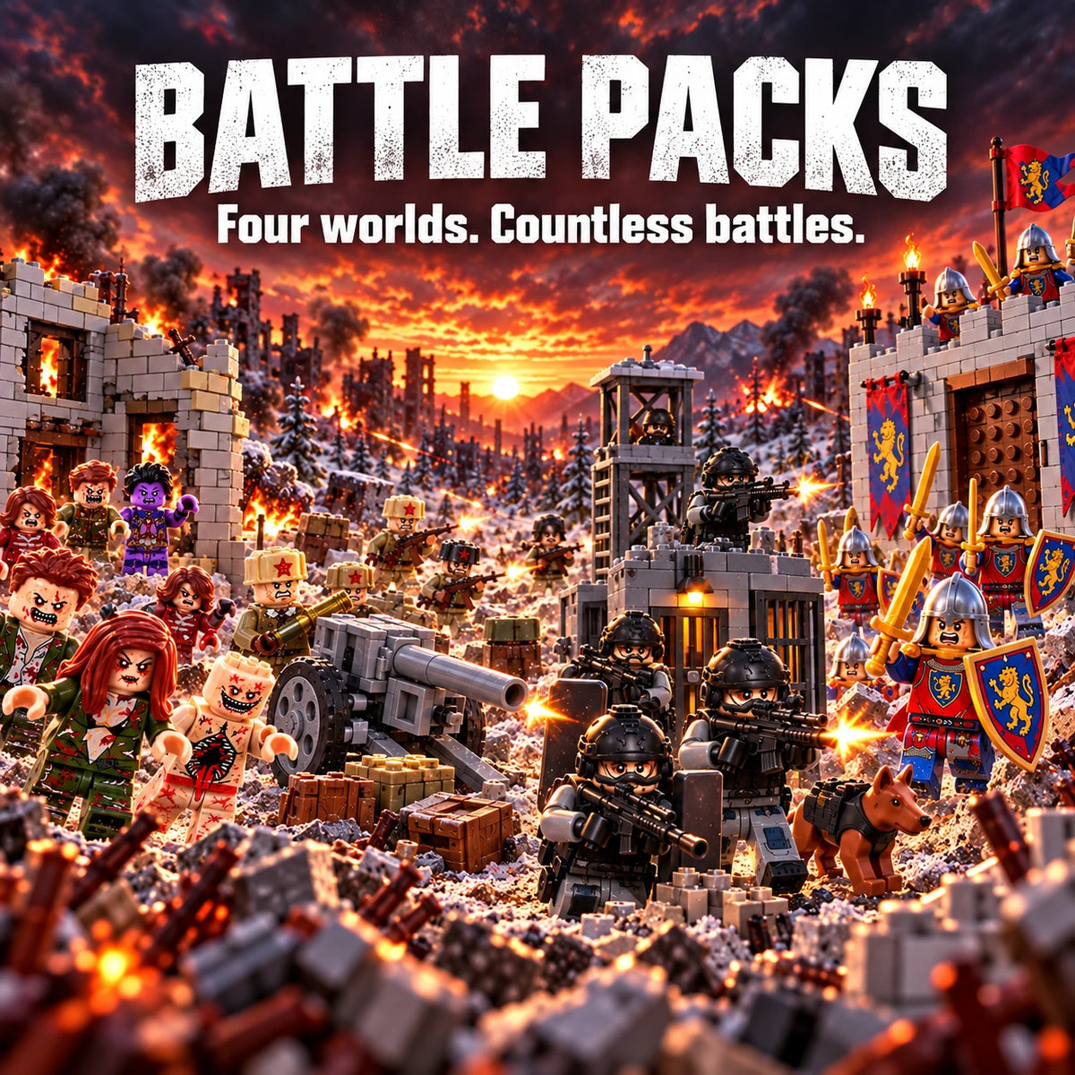 Battle Packs: Four worlds. Countless battles. Zombie, WWII, Modern Forces and Knights collection illustration