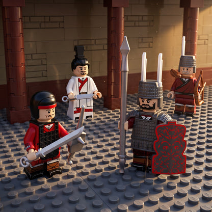 Clash of Empires: rival courts courtyard challenge. AI-generated display idea; figure details may differ. Scenery not included.