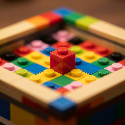 Close-up of a red building brick on a colorful display