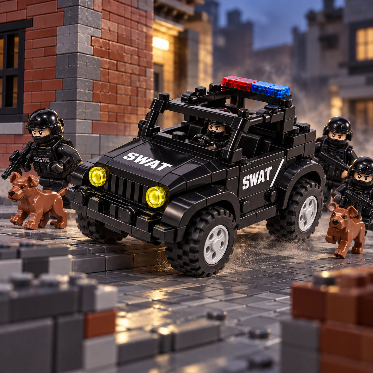 Illustrative L-19 Jeep, SWAT team and two dogs urban response scene