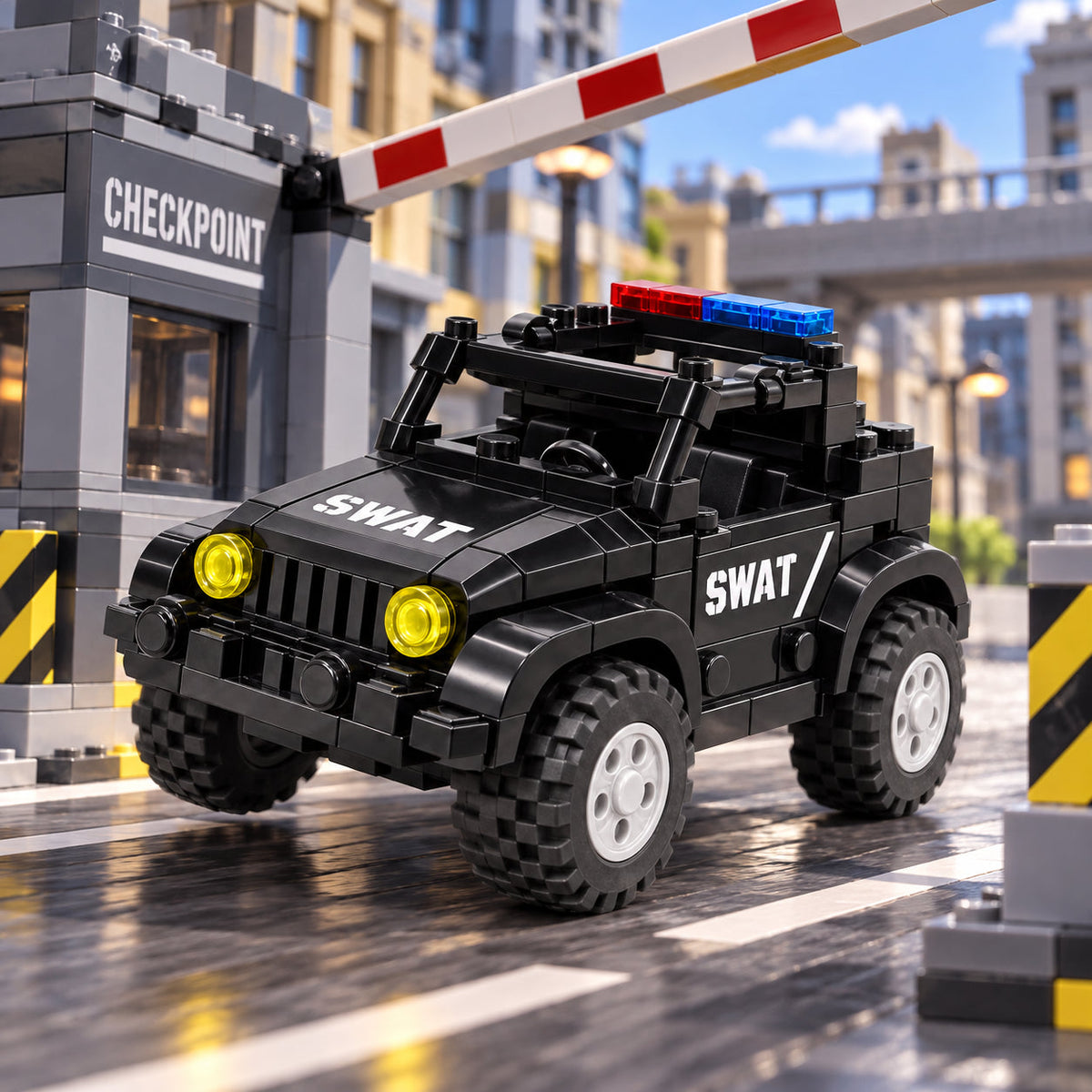 Illustrative Jeep-only city checkpoint scene