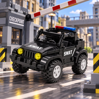 Illustrative Jeep-only city checkpoint scene