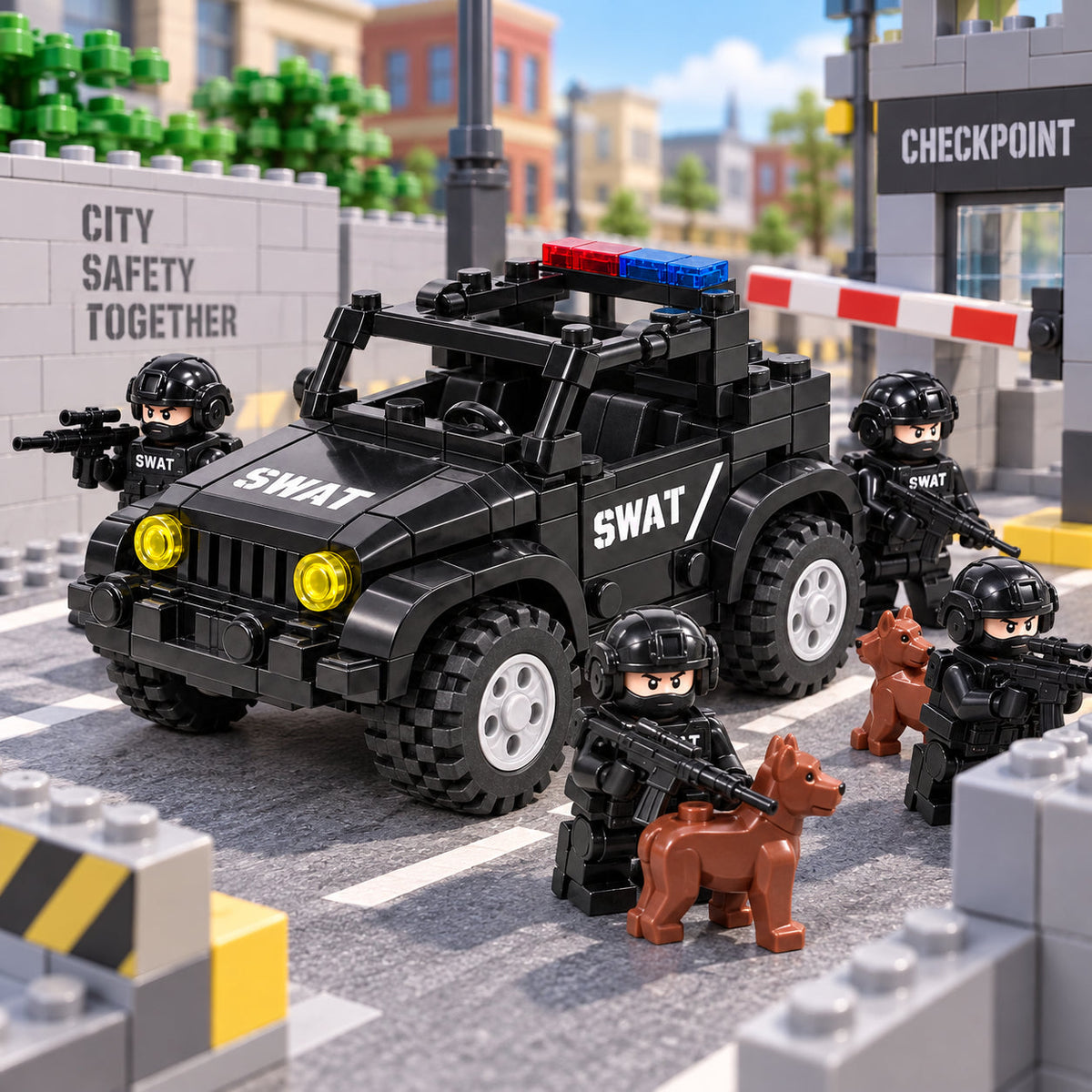 Illustrative L-19 Jeep, SWAT team and two dogs checkpoint scene
