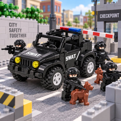 Illustrative L-19 Jeep, SWAT team and two dogs checkpoint scene