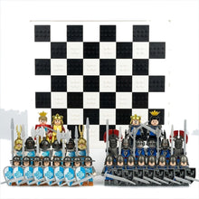 Knights battle chess set on a white background