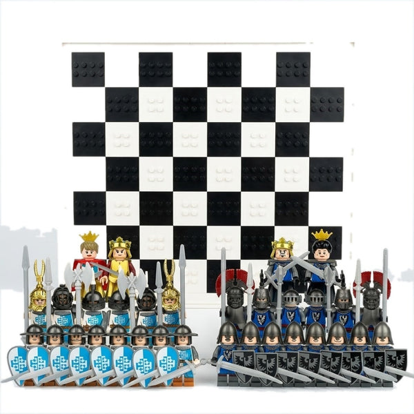 Knights battle chess set on a white background