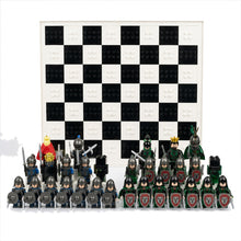 Knights battle chess set blue vs green armies on a white background