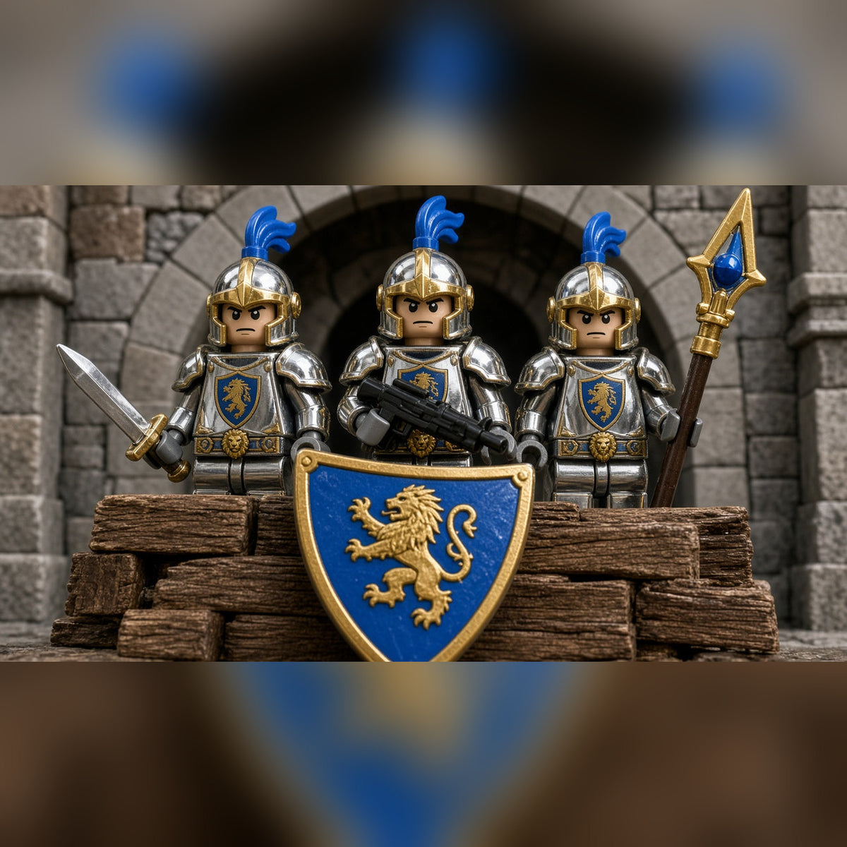 Blue Lion Guard armored knight minifigures in silver plate behind a gatehouse barricade