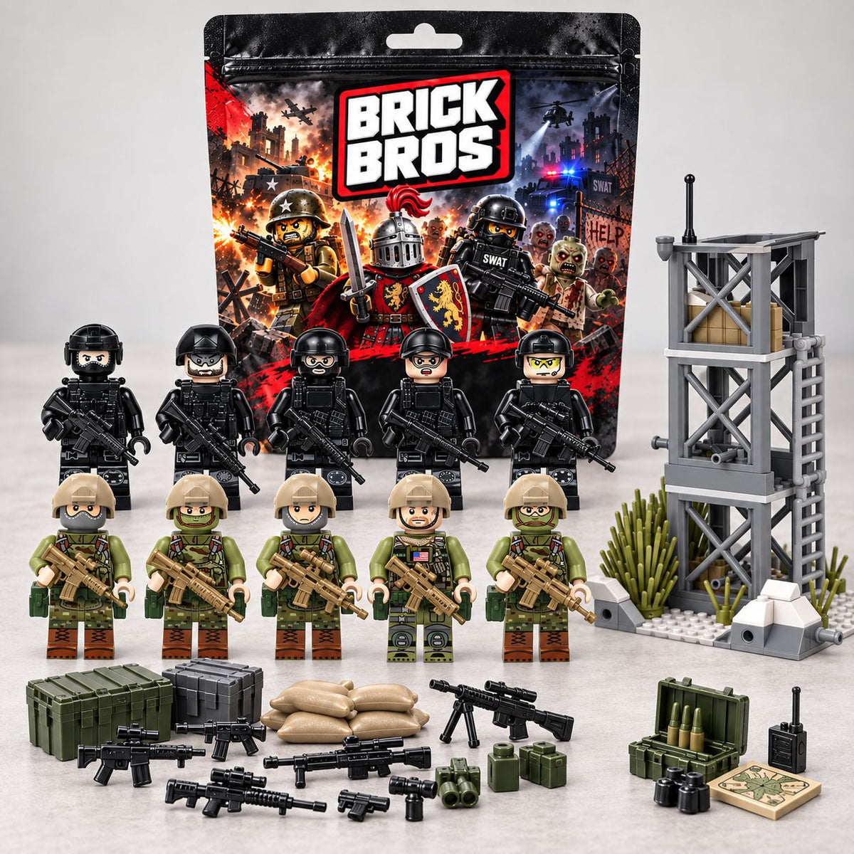 Illustrative Command monthly bag tabletop scene with ten example minifigures, one featured watchtower MOC, battlefield accessories and bonus gear; exact monthly contents vary.