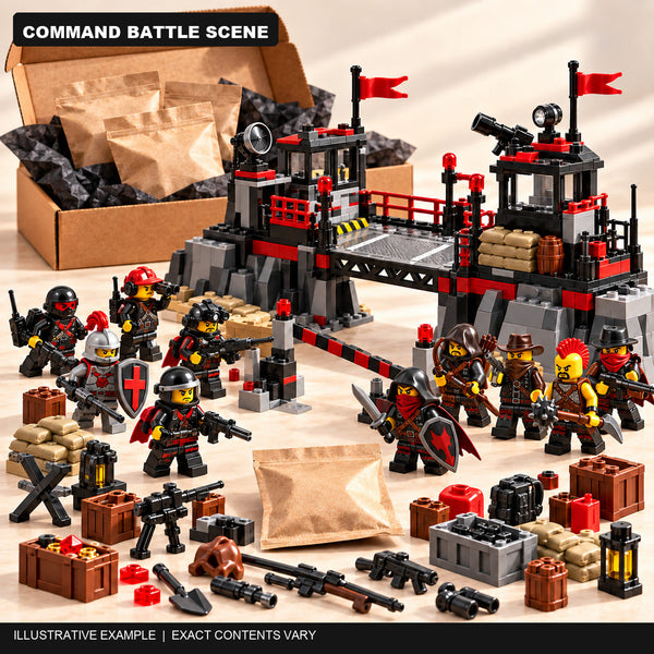 Illustrative Command battle scene with ten mystery minifigures, a featured bridge build, battlefield accessories and bonus pack; exact contents vary.