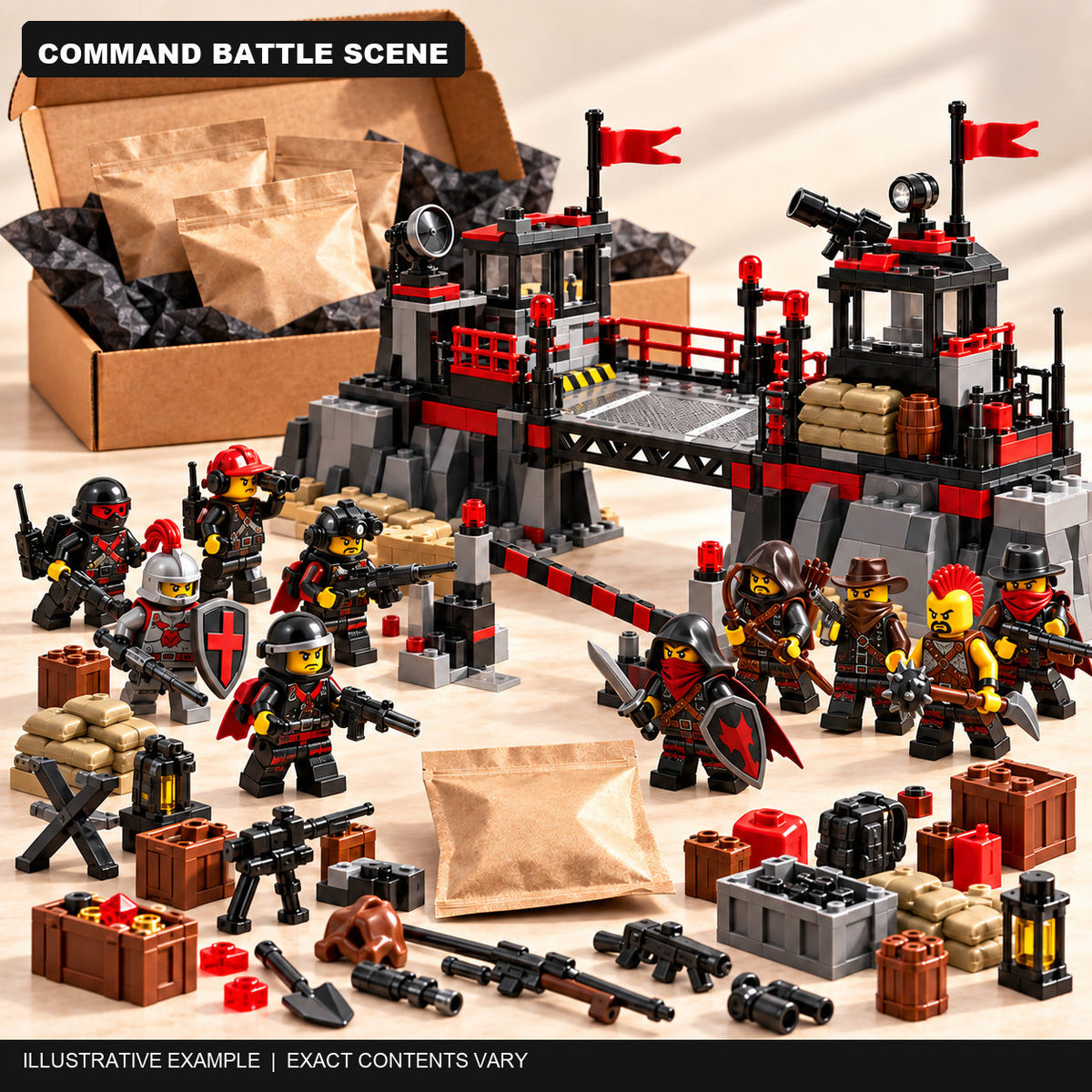 Illustrative Command battle scene with ten mystery minifigures, a featured bridge build, battlefield accessories and bonus pack; exact contents vary.